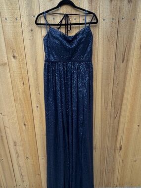 Morilee Madeline Gardner Navy Blue Sequin Spaghetti Strap Evening Gown